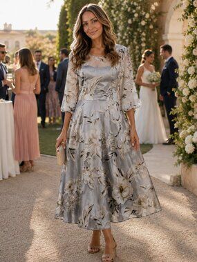 Floryday Silver Floral Midi Dress Large | Fit & Flare Cocktail Wedding Guest